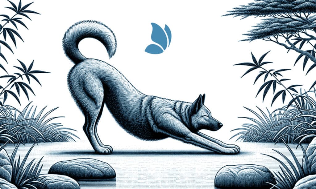 BodyBend Dog Illustration - a dog in a zen garden engaging in a downward-dog stretch