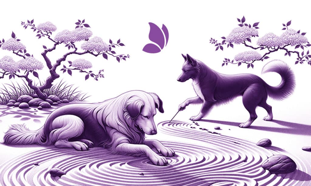 BrainBliss Dog Illustration - two dogs in a zen garden peacefully combing the sand