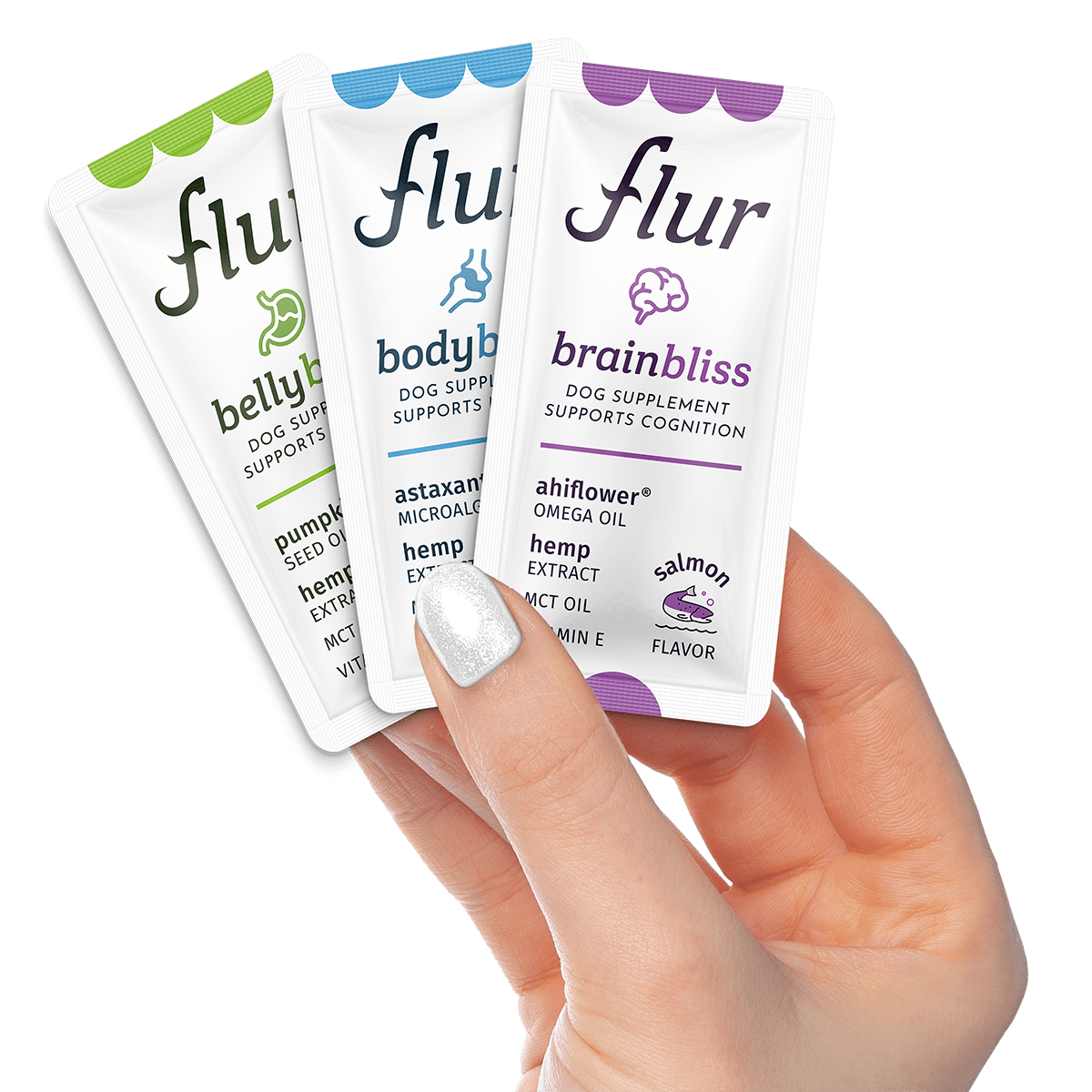 Three of Flur's dog supplement easy-dose sachets held in a person's hand