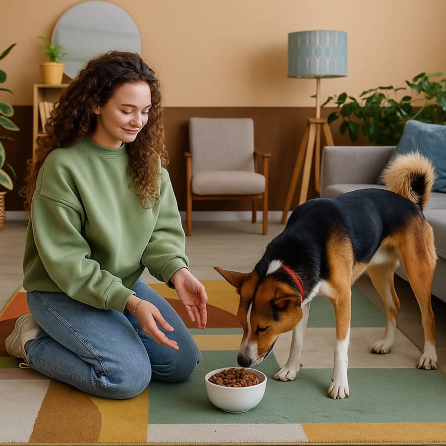 Person feeding her happy labradoodle