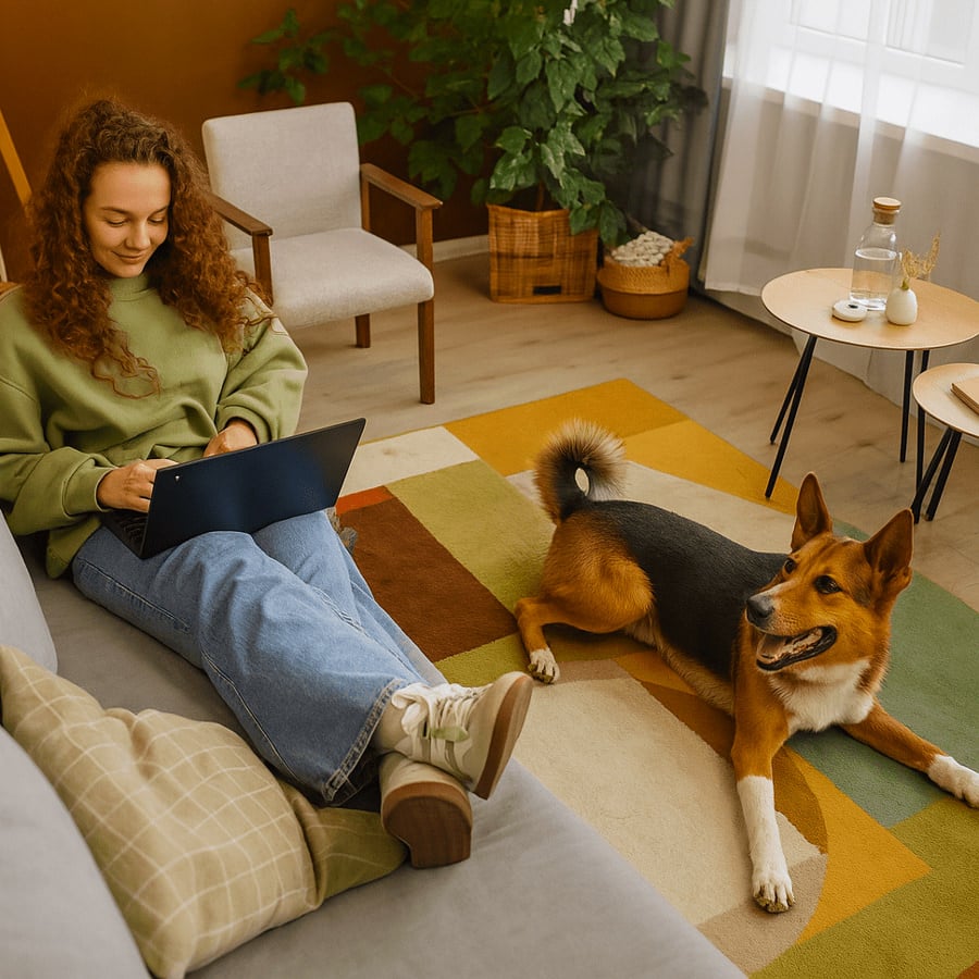 Person reading a book with her dog relaxing blissfully on her knee